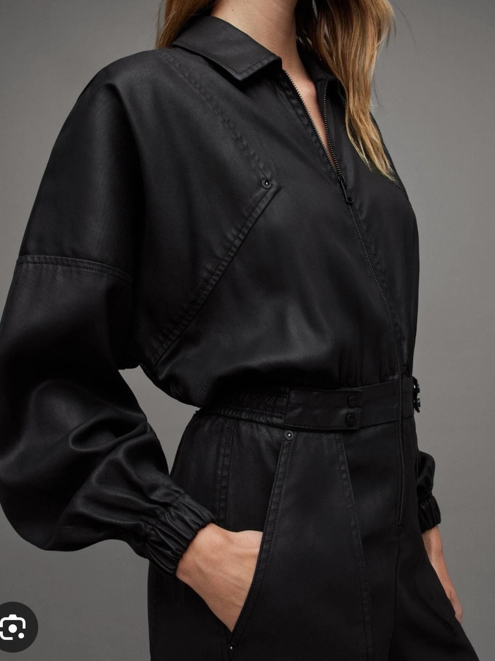 AllSaints Black Faux Leather Utility Jumpsuit
